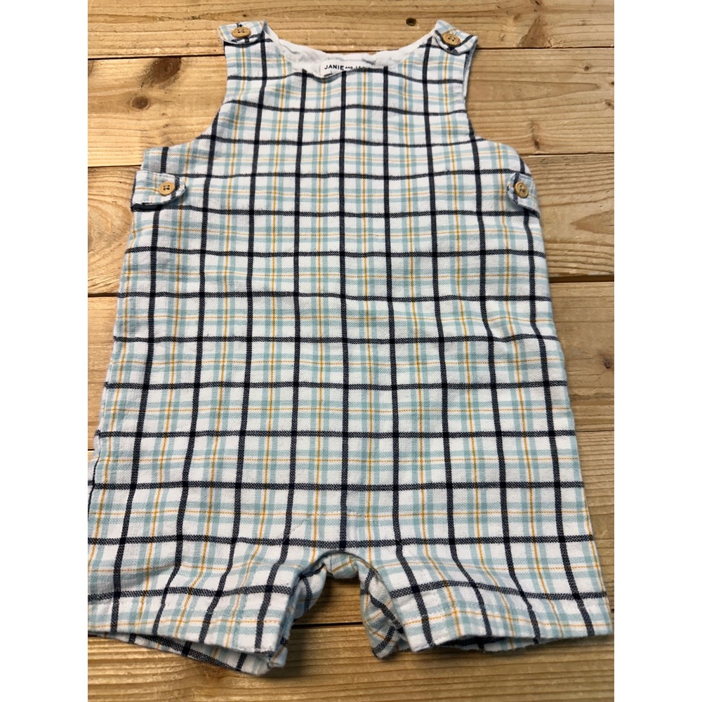 Janie and Jack Plaid Baby Romper Shortalls Buttons Blue Yellow White 3-6 Months